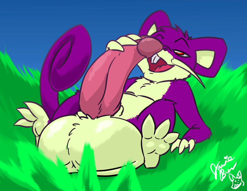 balls big_balls big_penis ev1lp1nk1 generation_1_pokemon genitals hi_res huge_balls huge_penis hyper hyper_balls hyper_genitalia hyper_penis jamie_bun_(artist) lying male nintendo on_back penis pokemon pokemon_(species) rattata solo