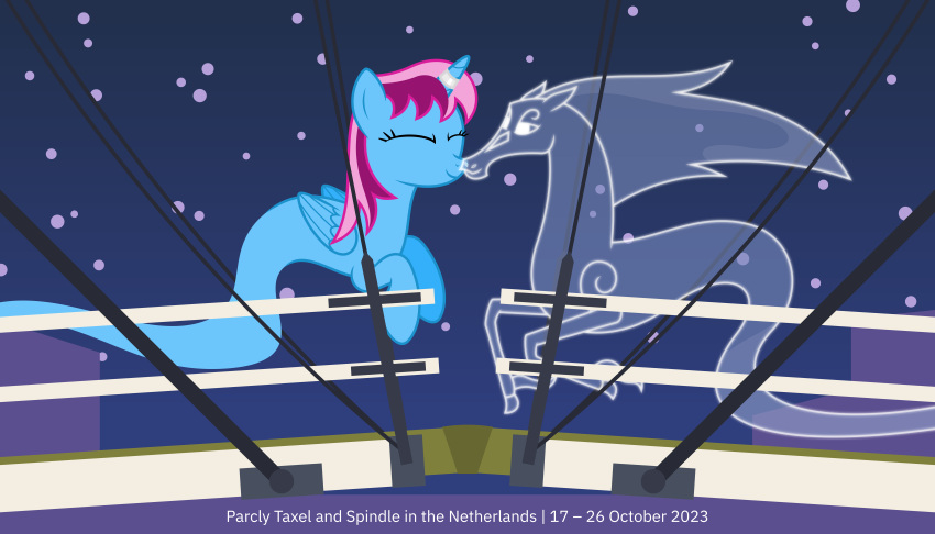 2023 7:4 absurd_res blue_body boop bridge duo english_text equid equine eyes_closed female feral floating genie ghost glowing glowing_body glowing_eyes hair hasbro hi_res horn horse magere_brug mammal multicolored_hair my_little_pony netherlands nose_boop outside parcly_taxel parclytaxel pink_hair real_world sky smile spindle_(mlp) spirit star starry_sky text translucent translucent_body translucent_hair two_tone_hair windigo_(mlp) winged_unicorn wings