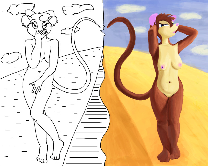 &lt;3 accessory anthro breasts desert diptych disney don_bluth duo female female/female fur hair_accessory hair_ribbon hi_res hiding_breasts hiding_face hiding_pussy hill hrisaura line_art mammal miss_kitty_mouse mouse mrs._brisby murid murine nipples nude pose ribbons road rodent simple_background sky tail the_great_mouse_detective the_secret_of_nimh