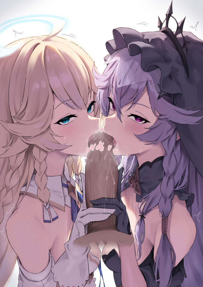 2girls absurdres angelica_(epic_seven) bare_shoulders black_dress black_gloves black_headwear blonde_hair blue_eyes braid breasts cooperative_fellatio detached_collar dress epic_seven fellatio gloves halo highres karadborg licking licking_penis long_hair looking_at_viewer medium_breasts melissa_(epic_seven) multiple_girls oral penis purple_hair red_eyes rubbing_hands_together simple_background tongue tongue_out white_dress white_gloves yuri