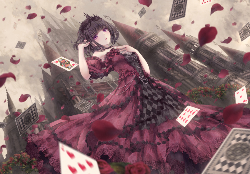 1girl :d alice_in_wonderland black_hair card castle detached_sleeves dress falling_petals floating_card flower frills gothic_lolita hair_twirling hand_on_own_chest highres lolita_fashion looking_at_viewer missile228 open_mouth petals playing_card purple_eyes queen_of_hearts_(alice_in_wonderland) red_flower red_rose rose rose_petals short_hair short_sleeves smile tiara