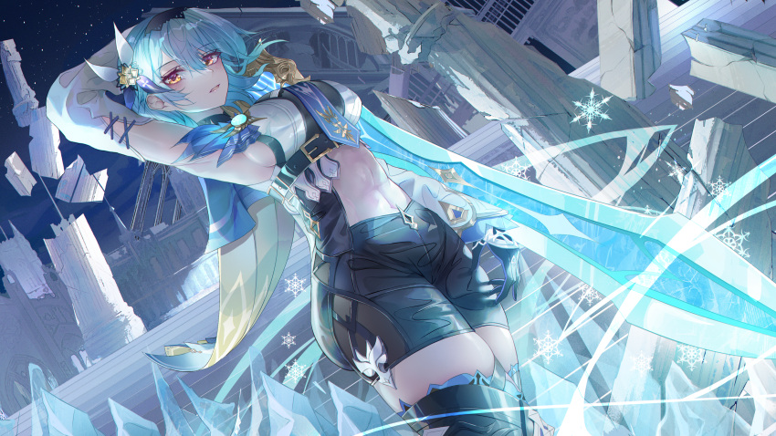 1girl absurdres arm_up armpits black_hairband black_thighhighs blue_hair blue_necktie blush bodystocking breasts claymore_(sword) eula_(genshin_impact) genshin_impact hair_ornament hairband highres holding holding_weapon large_breasts looking_at_viewer medium_hair navel necktie parted_lips snowflakes solo thighhighs thighs turbulence vision_(genshin_impact) weapon yellow_eyes