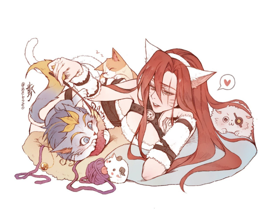 1girl animal_ears arm_warmers artist_name ball bare_shoulders bebseo bell belt black_belt cat cat_ears cat_tail claws facial_mark fake_animal_ears hand_on_own_cheek hand_on_own_face heart katarina_(league_of_legends) kitty_cat_katarina league_of_legends lying on_side parted_lips pillow poro_(league_of_legends) red_hair scar scar_across_eye simple_background sleeveless tail whisker_markings white_background yarn yarn_ball yellow_eyes yuumi_(league_of_legends)