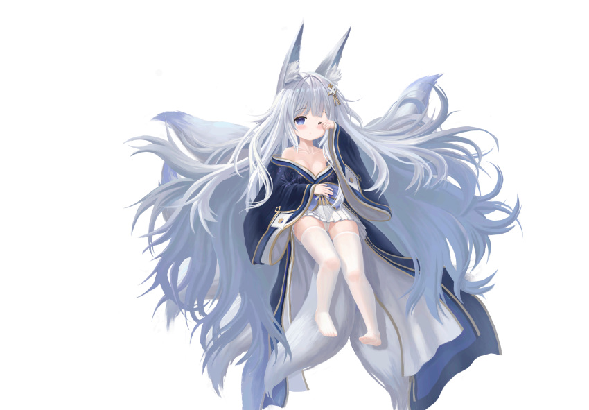 1girl absurdres age_regression aged_down animal_ear_fluff animal_ears artist_request azur_lane bare_shoulders blue_collar blue_kimono blush child collar fox_ears fox_girl fox_tail grey_hair hair_ornament highres japanese_clothes kimono kitsune kyuubi large_tail long_hair looking_at_viewer multiple_tails oversized_clothes shinano_(azur_lane) skirt_under_kimono solo tail thighhighs very_long_hair white_tail wrist_flower