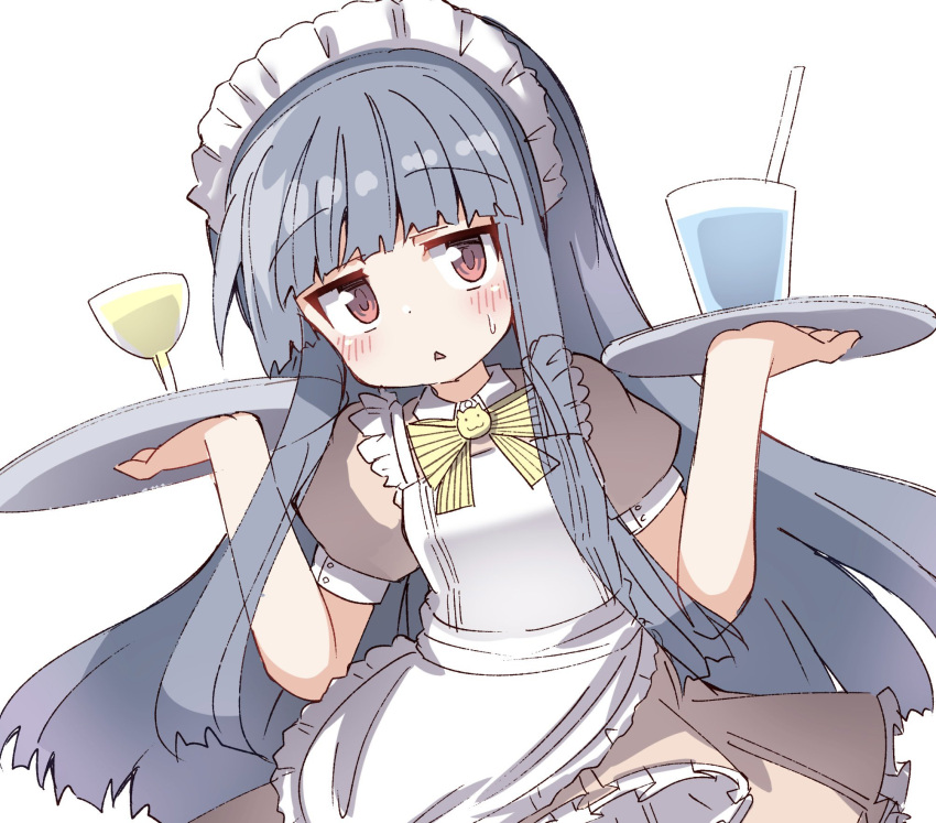 1girl apron blue_hair blush bow bowtie brown_dress commentary cup dot_nose dress drinking_glass drinking_straw frilled_apron frilled_skirt frills hands_up highres holding holding_tray idolmaster idolmaster_cinderella_girls jitome long_hair looking_at_viewer maid maid_apron maid_headdress puffy_sleeves red_eyes sajo_yukimi sidelocks skirt solo sweat tray triangle_mouth umberblack white_apron white_background yellow_bow yellow_bowtie