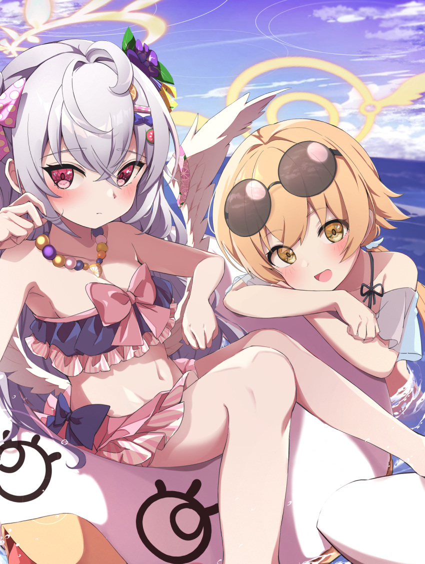 2girls azusa_(blue_archive) azusa_(swimsuit)_(blue_archive) bead_necklace beads bikini bikini_skirt blonde_hair blue_archive blue_sky blush bow bow_bikini breasts cleavage closed_mouth cloud day eyewear_on_head food frilled_bikini frills fruit fumi_(fumibeing) grey_hair hair_between_eyes halo hifumi_(blue_archive) hifumi_(swimsuit)_(blue_archive) highres horizon innertube jewelry lemon lemon_slice long_hair looking_at_viewer looking_away low_wings multiple_girls navel necklace ocean off-shoulder_bikini off_shoulder official_alternate_costume open_mouth outdoors partially_submerged peroro_(blue_archive) red_eyes sky smile sunglasses swimsuit water white_wings wings yellow_eyes