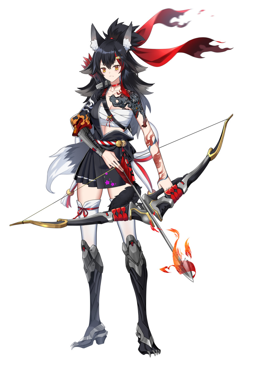 1girl absurdres animal_ear_fluff animal_ears arm_tattoo arrow_(projectile) black_skirt bow_(weapon) breasts commentary commission cosplay crossover english_commentary hair_between_eyes hanzo_(overwatch) hanzo_(overwatch)_(cosplay) high_heels highres hololive japanese_clothes long_hair looking_at_viewer mechanical_parts nyacifer ookami_mio overwatch ponytail second-party_source simple_background skirt solo tail tail_around_leg tail_wrap tattoo virtual_youtuber weapon white_background wolf_ears wolf_girl wolf_tail yellow_eyes