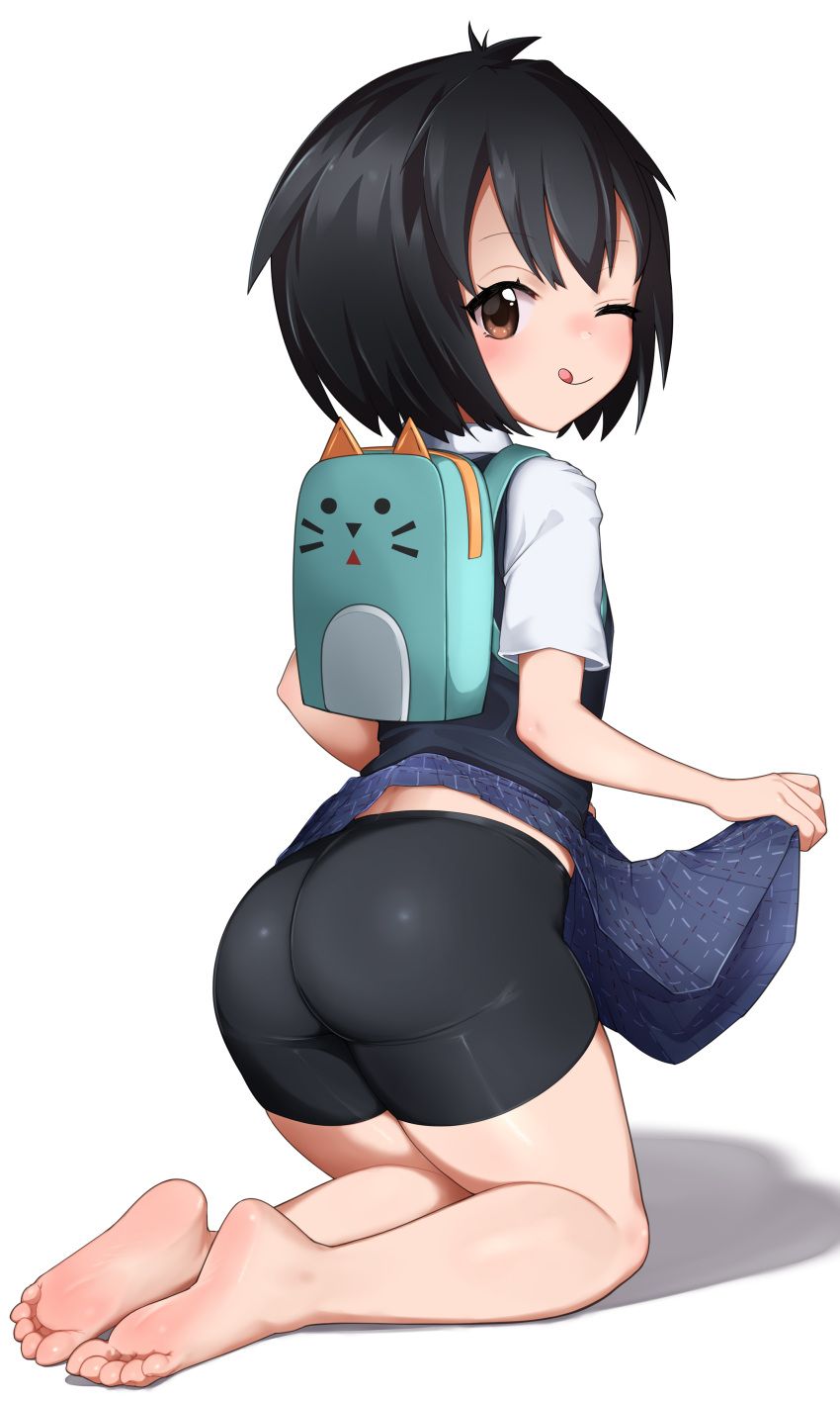 1girl absurdres ass backpack bag barefoot bike_shorts black_hair black_shorts black_vest blue_skirt brown_eyes clothes_lift commentary feet female_child full_body goki_buri highres kneeling legs licking_lips lifted_by_self looking_at_viewer marvel medium_hair peni_parker pleated_skirt revision school_uniform shadow shiny_skin short_sleeves shorts sidelocks simple_background skirt skirt_lift soles solo spider-man:_across_the_spider-verse spider-man_(series) thighs toes tongue tongue_out vest white_background