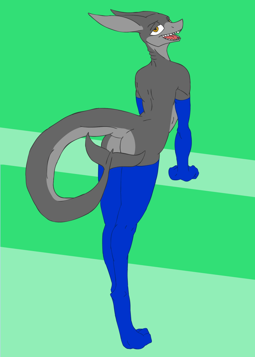 anthro armwear blue_armwear blue_clothing blue_legwear butt clothing fish gills girly grey_body hi_res legwear male marine petrolwithcoffee shark sharp_teeth smile solo teeth tongue yellow_eyes