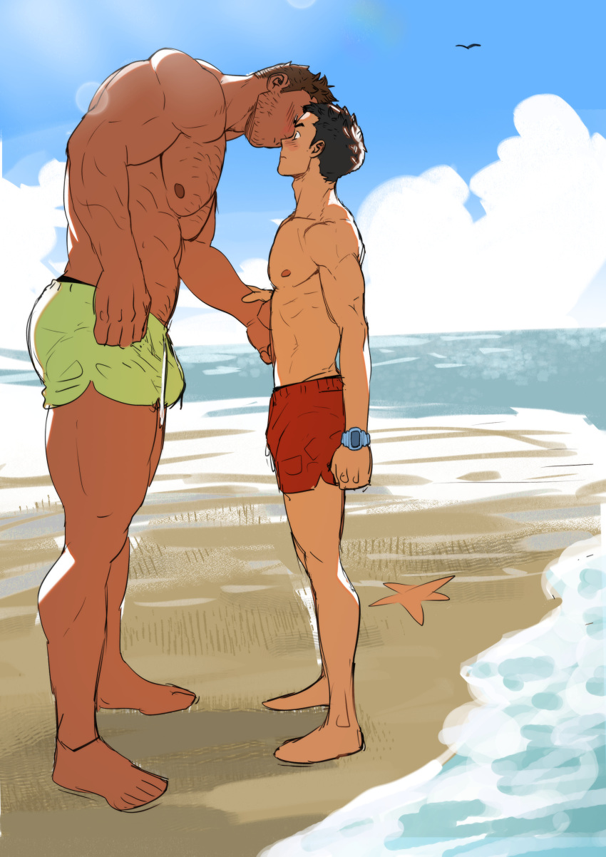 2boys abs absurdres bara beach beard blush bulge chest_hair dark-skinned_male dark_skin dolphin_shorts facial_hair from_side green_male_swimwear highres imminent_kiss ken_(suyohara) kuma_(suyohara) large_pectorals leaning_forward male_focus male_swimwear mature_male multiple_boys muscular muscular_male nipples original pectorals red_male_swimwear short_hair shorts sideburns size_difference standing stomach stubble suyohara thick_eyebrows thick_thighs thighs topless_male yaoi