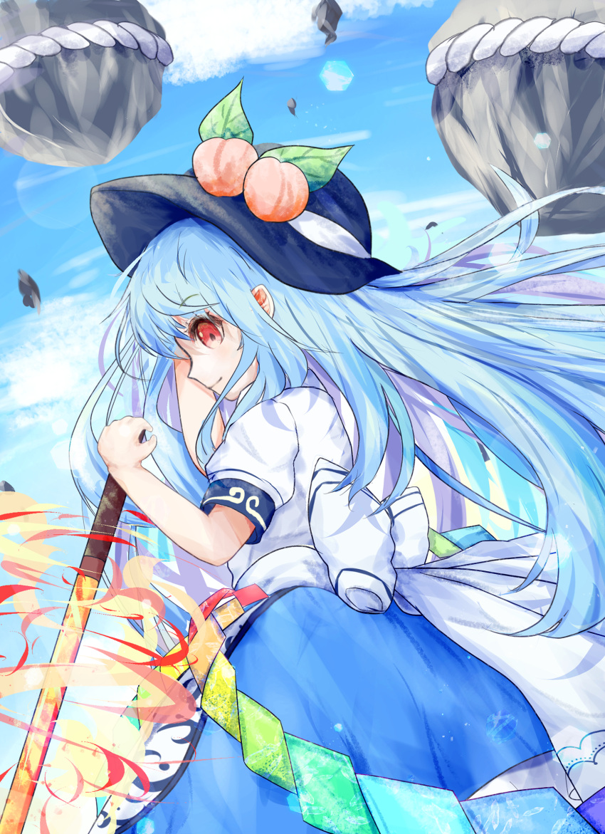 1girl black_headwear blue_hair blue_skirt closed_mouth commentary highres hinanawi_tenshi keystone leaf long_hair looking_at_viewer peach_hat_ornament rainbow_order red_eyes ro.ro rope shimenawa shirt short_sleeves skirt smile solo sword_of_hisou touhou white_shirt