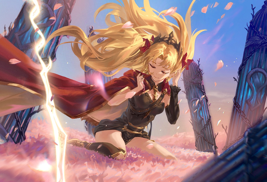 1girl absurdres asymmetrical_legwear asymmetrical_sleeves black_leotard black_nails blonde_hair cape chiaspicy closed_mouth commentary_request earrings ereshkigal_(fate) fate/grand_order fate_(series) floating_hair gold_trim hair_ribbon half-closed_eyes highres jewelry leotard mixed-language_commentary parted_bangs petals red_cape red_ribbon ribbon seiza single_sleeve single_thighhigh sitting solo spine thighhighs tiara two-tone_cape two_side_up yellow_cape