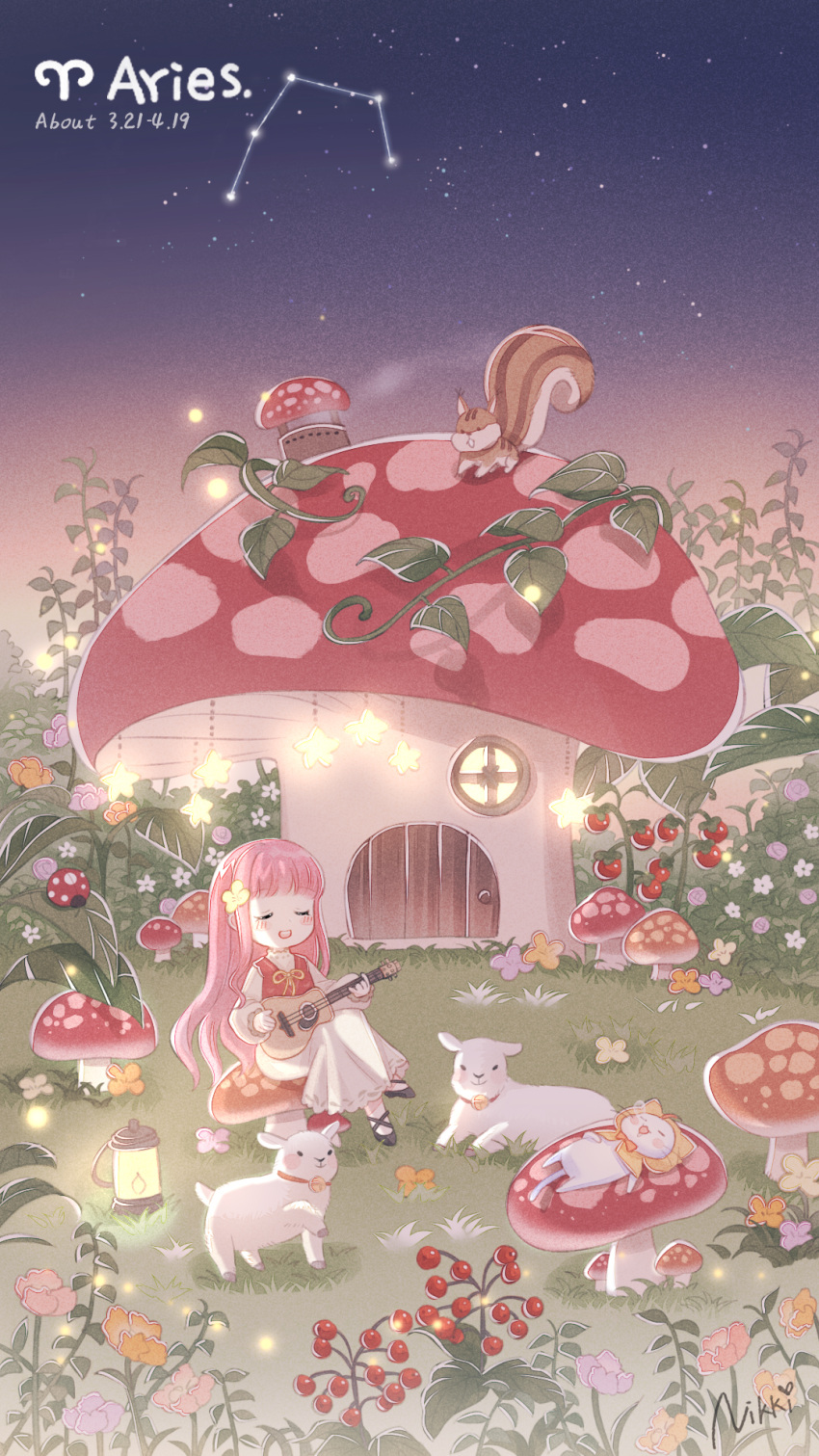 aries_(constellation) aries_(zodiac) bell bug closed_eyes constellation copyright_name crossed_legs dress english_commentary english_text food fruit guitar highres instrument ladybug lamb long_hair lying_on_mushroom mini_person minigirl miracle_nikki momo_(miracle_nikki) mushroom mushroom_house music night night_sky nikki_(miracle_nikki) official_art oil_lamp outdoors parted_lips pink_hair plant playing_instrument red_vest sheep shining_nikki singing sitting_on_mushroom skirt sky sleeping squirrel star_(sky) starry_sky vest vines white_skirt window wooden_door yellow_cloak