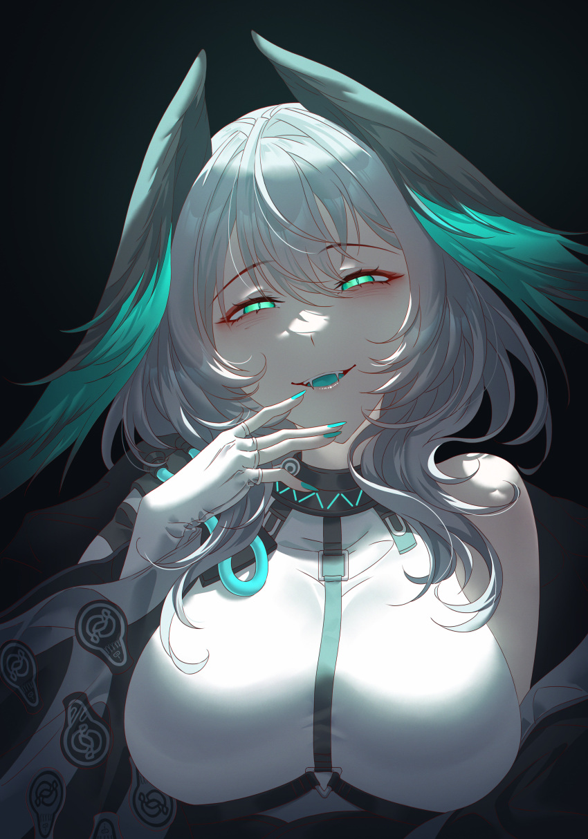 1girl absurdres aqua_nails aqua_tongue arknights black_background breasts dress fangs fingerless_gloves gloves green_eyes grey_hair head_wings highres ho'olheyak_(arknights) innoarukugyou large_breasts long_hair long_sleeves looking_at_viewer nail_polish off_shoulder open_mouth simple_background single_bare_shoulder smile solo upper_body white_dress white_gloves wide_sleeves wings