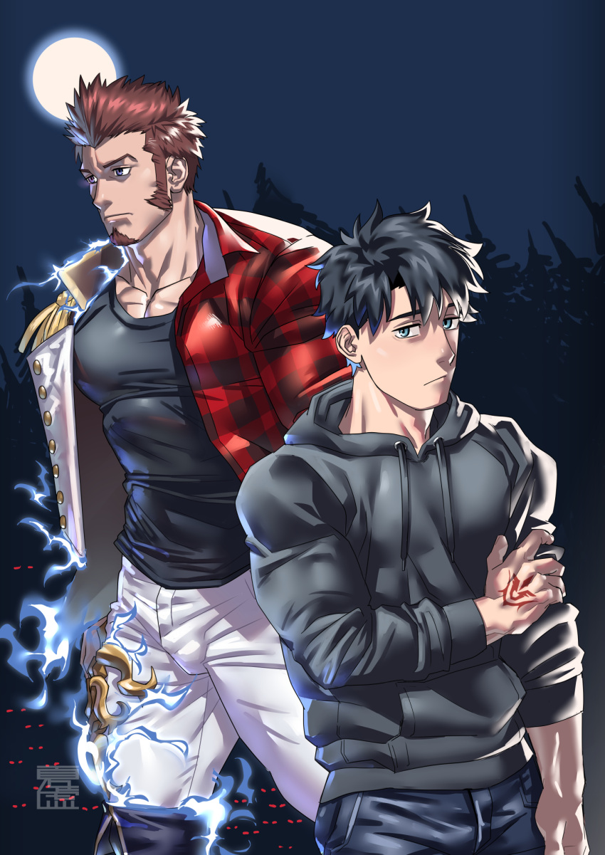 2boys alternate_costume arm_grab bara blue_eyes brown_hair bulge burning_clothes collared_shirt command_spell epaulettes expressionless eyes_in_shadow facial_hair fate/grand_order fate_(series) feet_out_of_frame forest fringe_trim fujimaru_ritsuka_(male) glowing glowing_eyes goatee highres hood hoodie jacket jitome large_pectorals long_sideburns long_sleeves looking_ahead looking_at_viewer male_focus mature_male monmonhomon multiple_boys muscular muscular_male napoleon_bonaparte_(fate) nature open_clothes open_jacket pectorals red_eyes red_shirt shirt short_hair sideburns thick_eyebrows thighs tight_clothes tight_shirt transformation