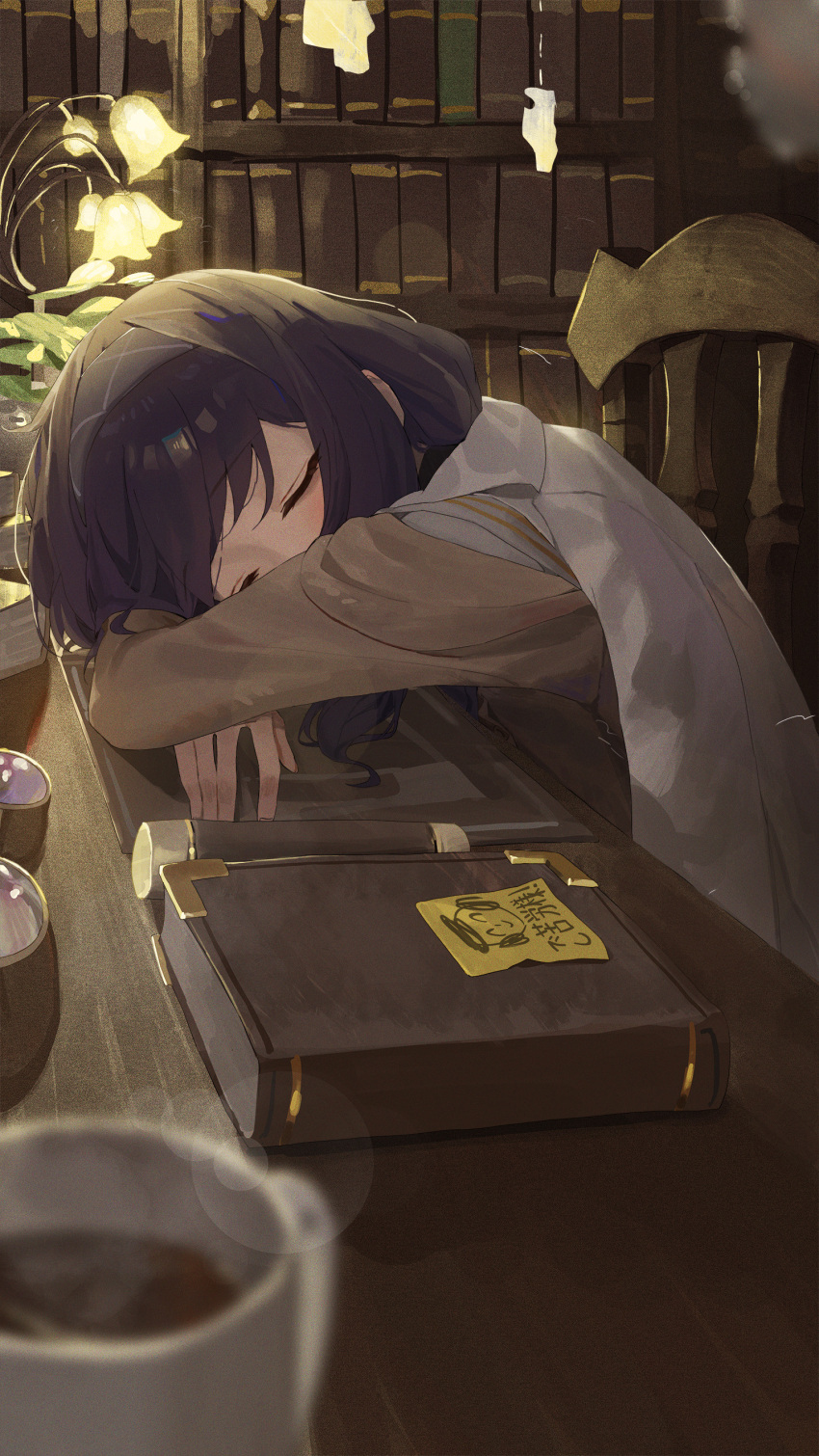 1girl absurdres arm_rest black_hair blue_archive book bookshelf coffee_mug crossed_arms cup head_rest highres indoors kji_(rozo) lantern library mug on_chair sitting sleeping solo table ui_(blue_archive) wooden_table