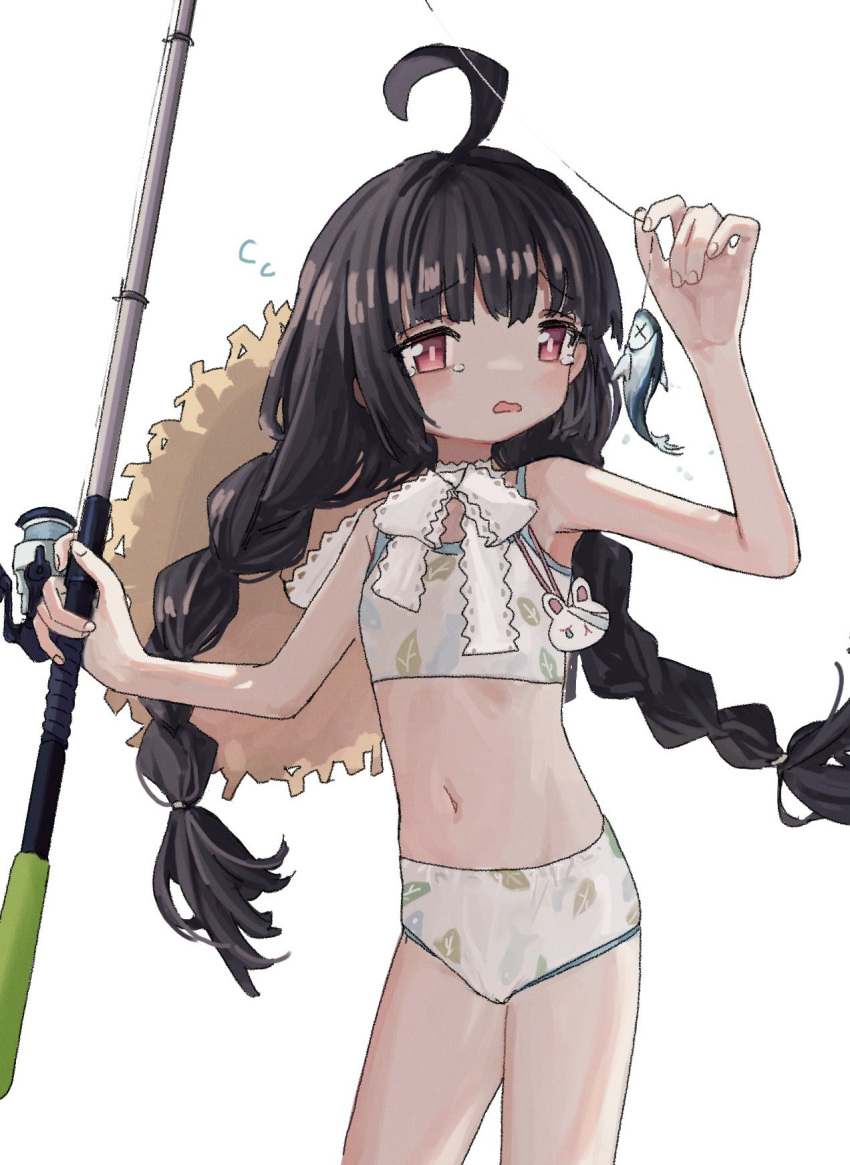 1girl ahoge bikini black_hair blue_archive braid bright_pupils commentary cowboy_shot dead_animal fish fishing_line fishing_rod flat_chest floating_hair flying_sweatdrops furrowed_brow hat hat_around_neck highres holding holding_fishing_rod leaf_print long_hair looking_at_animal looking_at_viewer miyu_(blue_archive) miyu_(swimsuit)_(blue_archive) navel neko_yeye open_mouth print_bikini raised_eyebrows red_eyes simple_background solo stomach straw_hat swimsuit symbol-only_commentary tearing_up twin_braids wavy_mouth white_background white_bikini