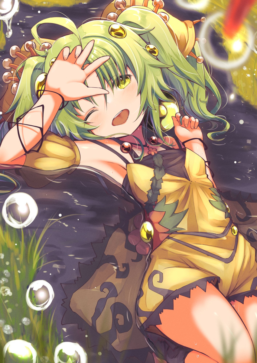 1girl ahoge bare_shoulders demimushi dress duel_monster flower green_eyes green_hair hair_ornament highres jewelry long_hair looking_at_viewer lying_on_water open_mouth smile solo traptrix_sera twintails yellow_dress yu-gi-oh!