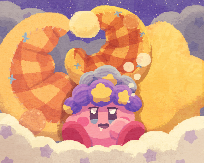 cloud copy_ability crescent crescent_pillow kirby kirby_(series) kirby_and_the_forgotten_land looking_at_viewer miclot night night_sky no_humans open_mouth pink_footwear saliva shoes sky sleep_bubble sleep_kirby smile star_pillow stuffed_toy