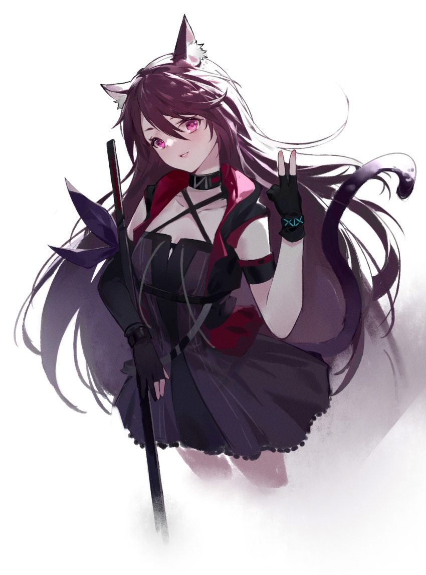 1girl animal_ear_fluff animal_ears arknights armband black_choker black_dress black_gloves black_jacket blush breasts cat_ears cat_girl cat_tail chinese_commentary choker commentary cowboy_shot criss-cross_halter cropped_jacket cropped_legs dress fingerless_gloves gloves hair_between_eyes halterneck highres infection_monitor_(arknights) jacket long_hair looking_at_viewer melantha_(arknights) multicolored_clothes multicolored_jacket parted_lips purple_eyes purple_hair red_jacket simple_background sleeveless sleeveless_jacket small_breasts smile solo standing tail two-tone_jacket v white_background woodylixx
