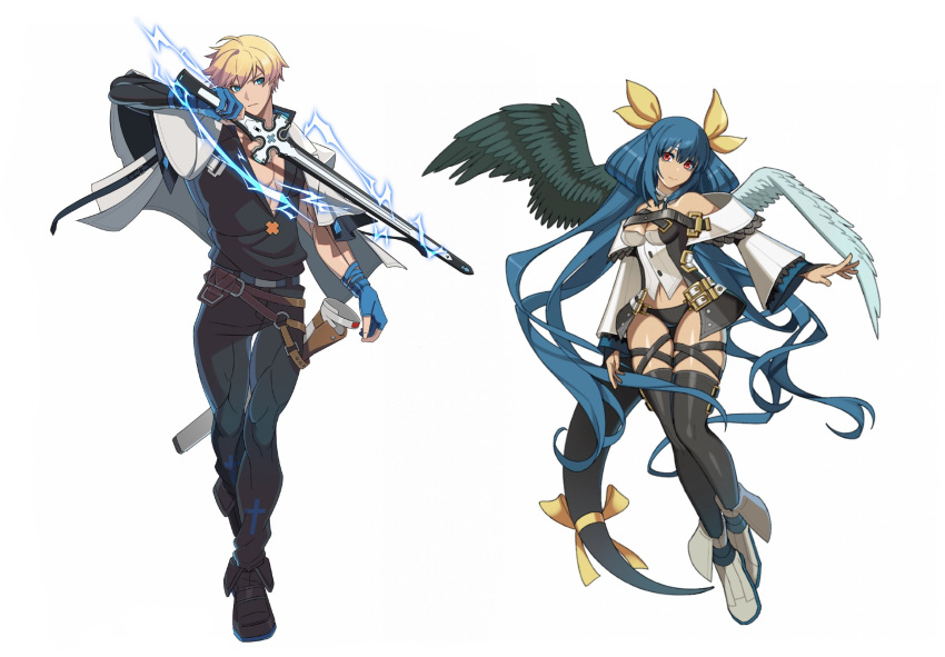 1boy 1girl absurdly_long_hair angel_wings ark1478 asymmetrical_wings bare_shoulders black_thighhighs blonde_hair blue_gloves blue_hair bow breasts cleavage detached_sleeves dizzy_(guilty_gear) feathered_wings fingerless_gloves full_body gloves green_wings guilty_gear guilty_gear_strive guilty_gear_xrd hair_ribbon hair_rings highres holding holding_sword holding_weapon husband_and_wife ky_kiske large_breasts long_hair looking_at_viewer monster_girl pectorals red_eyes ribbon short_hair simple_background smile standing sword tail tail_bow tail_ornament tail_ribbon thighhighs twintails very_long_hair weapon white_footwear white_wings wings yellow_ribbon