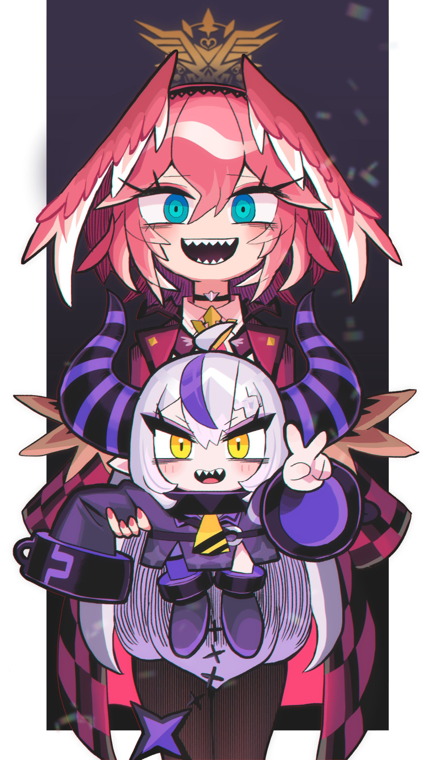 2girls absurdres ahoge black_pantyhose blue_eyes brown_eyes chibi demon_tail gashi-gashi grey_hair head_wings highres hololive horns la+_darknesss long_hair looking_at_viewer multicolored_hair multiple_girls pantyhose pink_hair pink_nails purple_hair sharp_teeth smile tail takane_lui teeth v virtual_youtuber white_hair wings