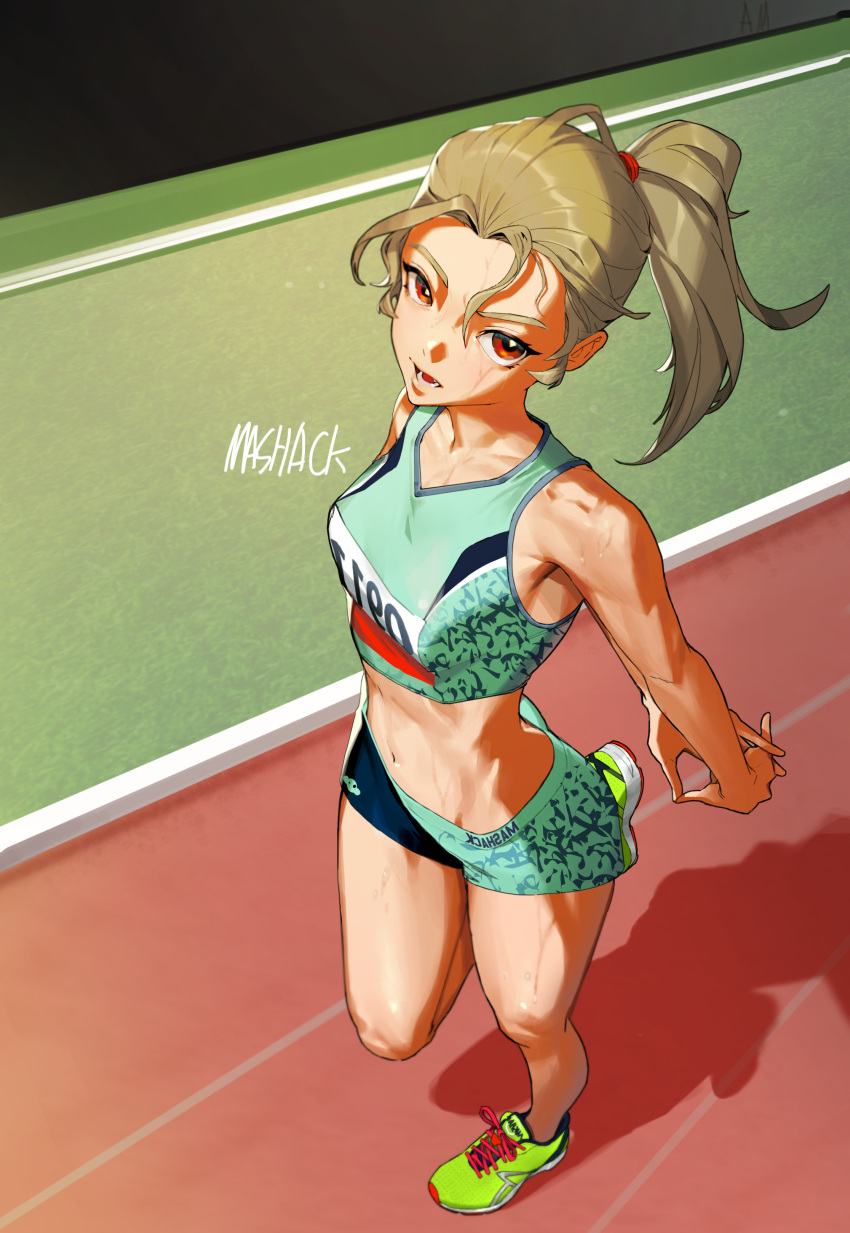 1girl absurdres artist_name bare_shoulders breasts commentary crop_top english_commentary hair_tie highres leg_up light_brown_hair looking_at_viewer mashack midriff navel open_mouth original ponytail red_eyes shadow short_shorts shorts small_breasts solo stretching sweat teeth track_and_field track_uniform