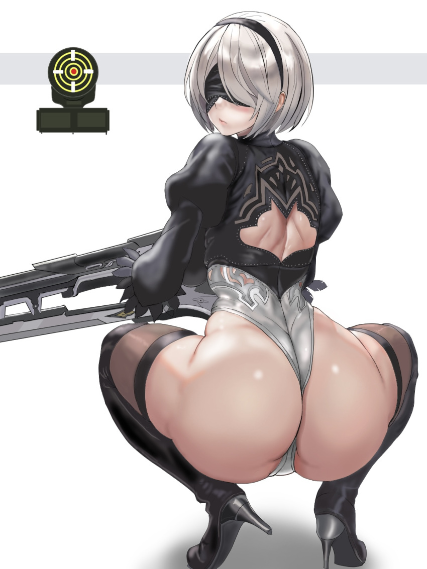 1girl 2b_(nier:automata) ass back_cutout black_blindfold black_hairband blindfold boots clothing_cutout covered_eyes curvy damuko_(kxmx4323) feather-trimmed_sleeves feather_trim goddess_of_victory:_nikke hairband high_heels highres holding holding_weapon huge_ass juliet_sleeves leotard long_sleeves looking_at_viewer nier:automata nier_(series) puffy_sleeves solo squatting target thigh_boots thighhighs thighhighs_under_boots thong_leotard weapon white_background white_leotard