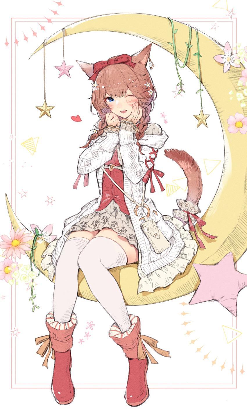 1girl absurdres animal_ears blue_eyes bow braid brown_hair cardigan cat_ears cat_tail commentary crescent_moon final_fantasy final_fantasy_xiv flower frilled_cuffs hair_bow hair_flower hair_ornament hand_on_own_cheek hand_on_own_face highres looking_at_viewer miqo'te mokokoiro moon on_crescent one_eye_closed open_cardigan open_clothes parted_lips pink_flower pleated_skirt red_bow red_footwear red_ribbon ribbon sitting skirt solo star_(symbol) symbol-only_commentary tail tail_ornament tail_ribbon teeth thighhighs twin_braids upper_teeth_only warrior_of_light_(ff14) white_cardigan white_thighhighs zettai_ryouiki