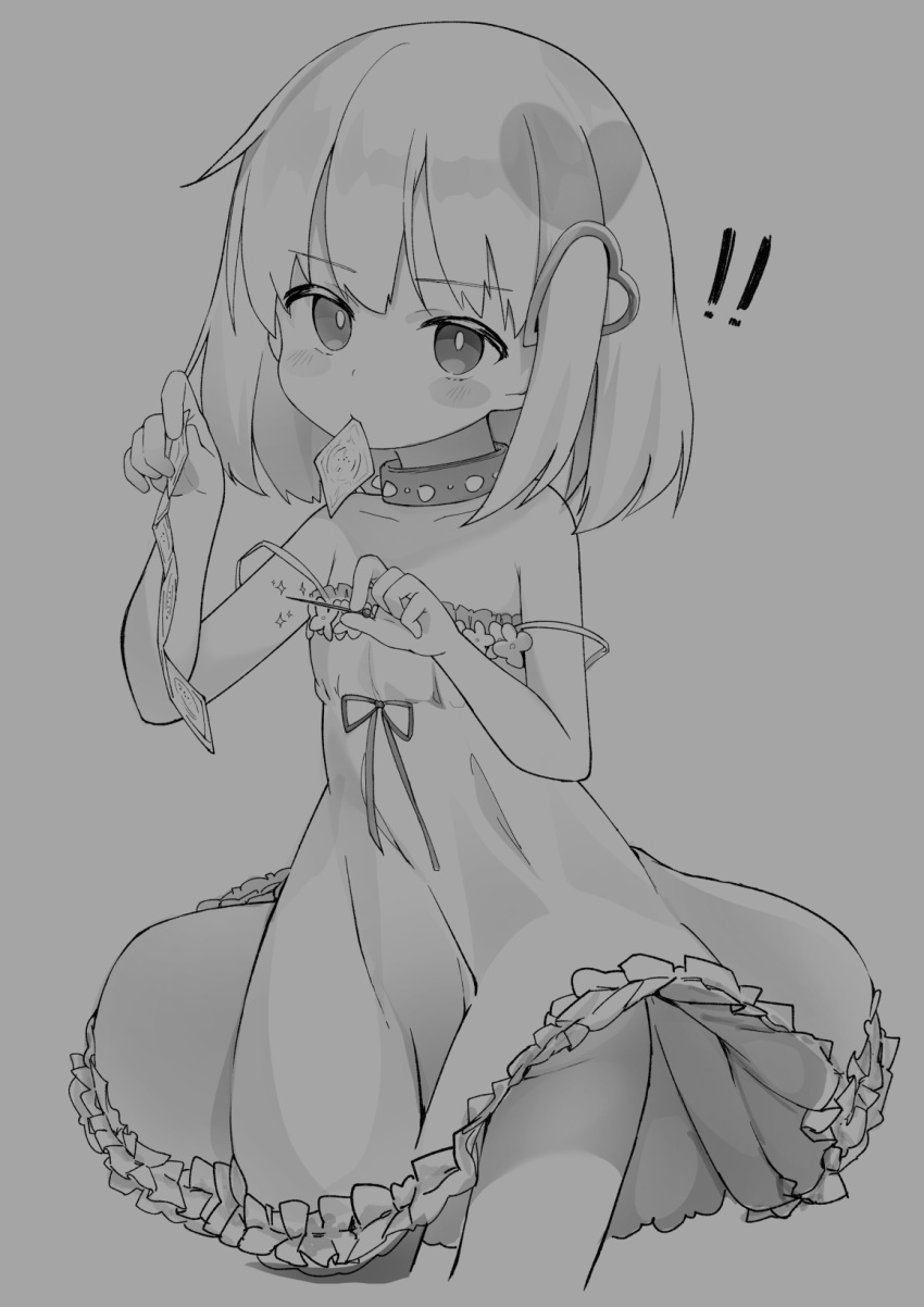 ! !! 1girl bare_shoulders blush_stickers collar condom condom_in_mouth condom_packet_strip condom_wrapper cowboy_shot dohna_dohna_issho_ni_warui_koto_o_shiyou dress expressionless flat_chest greyscale hair_ornament heart heart_hair_ornament highres holding holding_needle looking_at_viewer monochrome mouth_hold needle porno_(dohna_dohna) sabotaged_condom senifu short_hair simple_background sketch sleeveless sleeveless_dress solo strap_slip