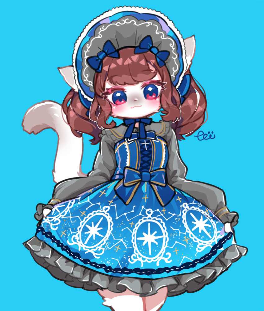 anthro blue_eyes brown_hair clothing domestic_cat felid feline felis female frilly frilly_clothing fur goth gothic_lolita hair hi_res lolita_(fashion) mammal solo tai_tai_kun white_body white_fur