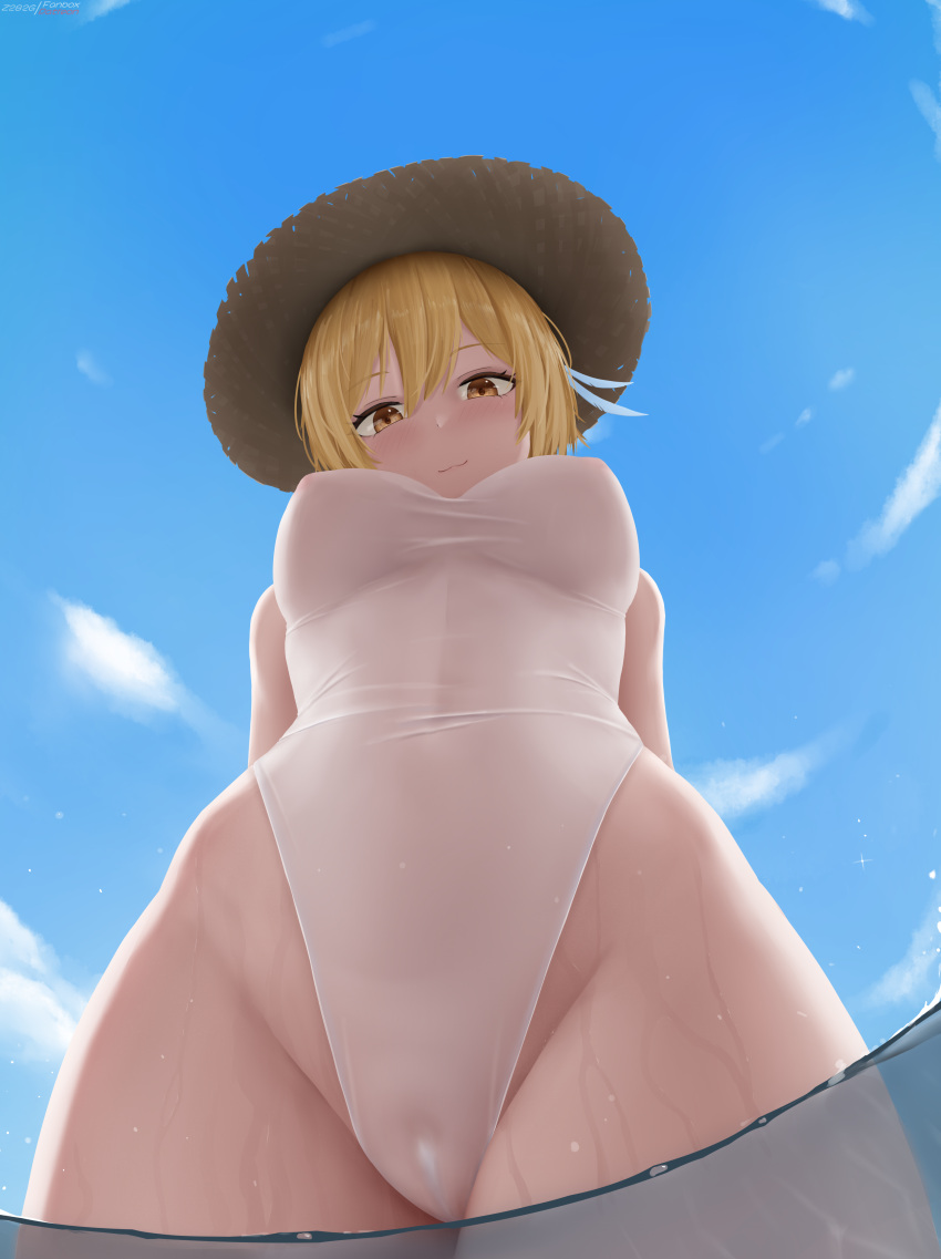 1girl absurdres arms_behind_back blonde_hair blue_sky breasts cameltoe closed_mouth covered_navel covered_nipples day from_below genshin_impact hat highres large_breasts looking_at_viewer looking_down lumine_(genshin_impact) one-piece_swimsuit see-through_swimsuit sky smile solo straw_hat swimsuit wading water wet white_one-piece_swimsuit yellow_eyes z282g