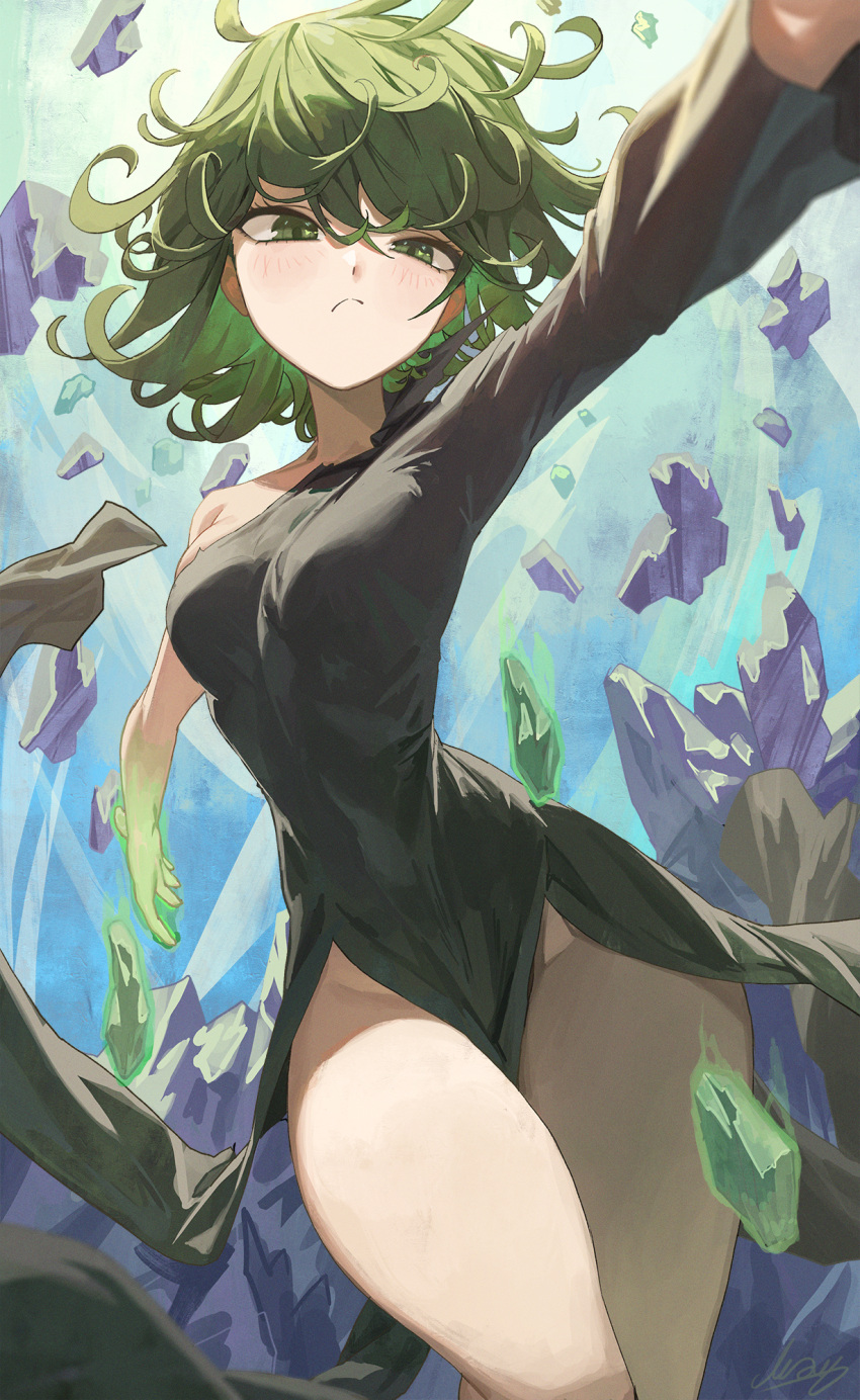 1girl aura black_dress curly_hair day dress flipped_hair floating floating_object floating_rock green_eyes green_hair highres levitation light_frown m.q_(mqkyrie) medium_hair one-punch_man outdoors outstretched_arms psychic side_slit sky solo tatsumaki telekinesis thick_thighs thighs torn_clothes