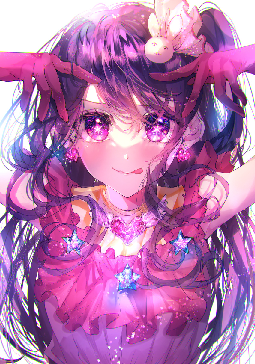 1girl absurdres bare_shoulders belt black_belt blush breasts closed_mouth commentary dress earrings gloves hair_between_eyes hair_ornament hair_ribbon hands_up heart heart_earrings highres hoshino_ai_(oshi_no_ko) idol jewelry long_hair looking_at_viewer medium_breasts multicolored_eyes one_side_up oshi_no_ko pinapo_25 pink_dress pink_eyes pink_gloves purple_eyes purple_hair rabbit_hair_ornament ribbon sidelocks simple_background sleeveless sleeveless_dress smile solo star-shaped_pupils star_(symbol) symbol-shaped_pupils tongue tongue_out turtleneck turtleneck_dress upper_body white_background white_ribbon