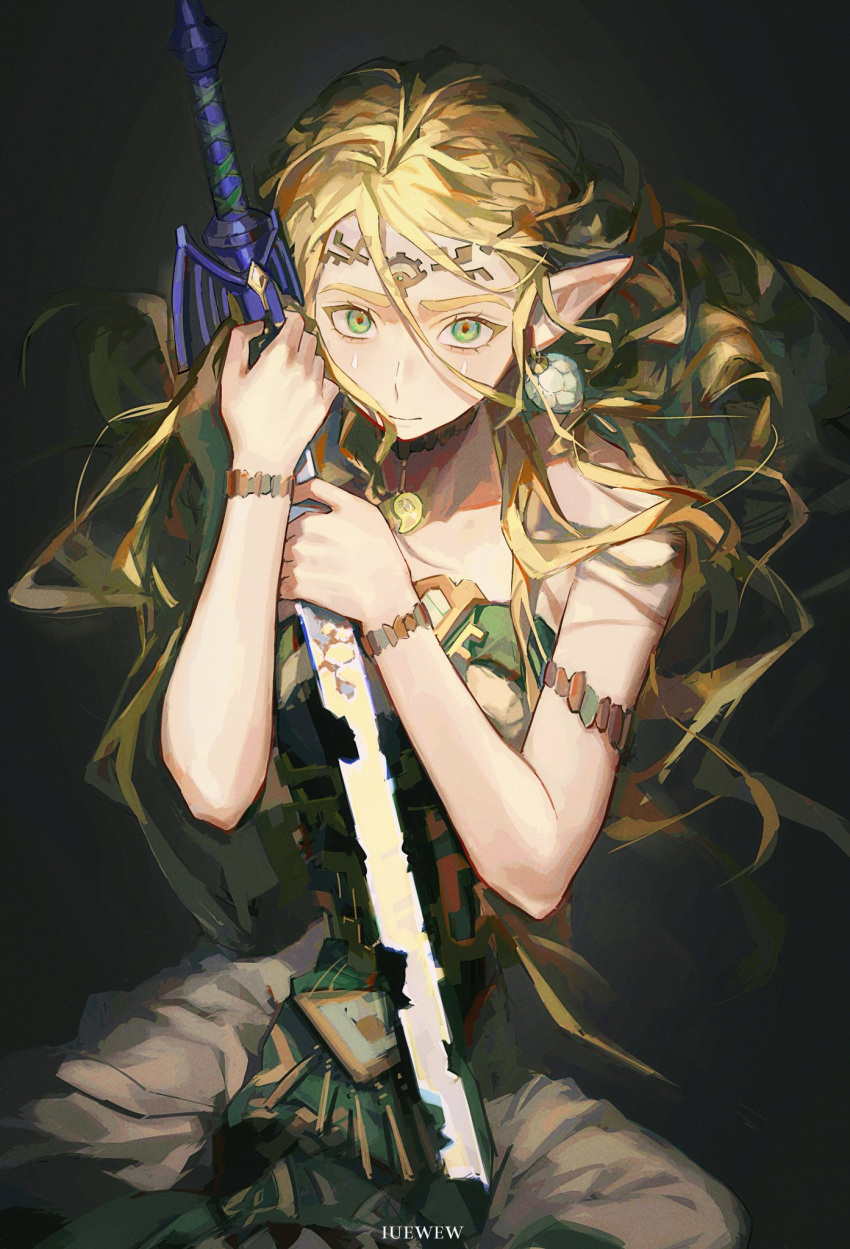 1girl armlet artist_name bare_shoulders breasts brown_background closed_mouth dress earrings green_eyes grey_dress hair_between_eyes hands_up highres holding holding_sword holding_weapon iuew jewelry long_hair looking_at_viewer master_sword medium_breasts pointy_ears princess_zelda solo sword the_legend_of_zelda the_legend_of_zelda:_breath_of_the_wild weapon