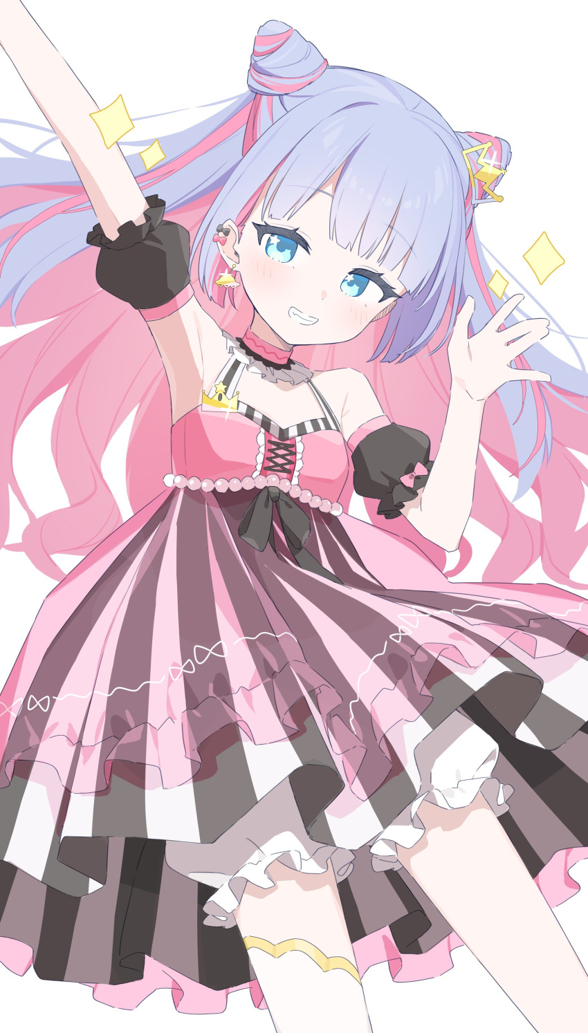 1girl absurdres aqua_eyes bare_shoulders black_bow blue_hair blunt_bangs bow clenched_teeth detached_sleeves dress hair_ornament highres idol_clothes long_hair multicolored_hair original pink_bow pink_dress pink_hair puffy_shorts shorts solo striped striped_dress teeth urotsuki_(2013.04) virtual_youtuber