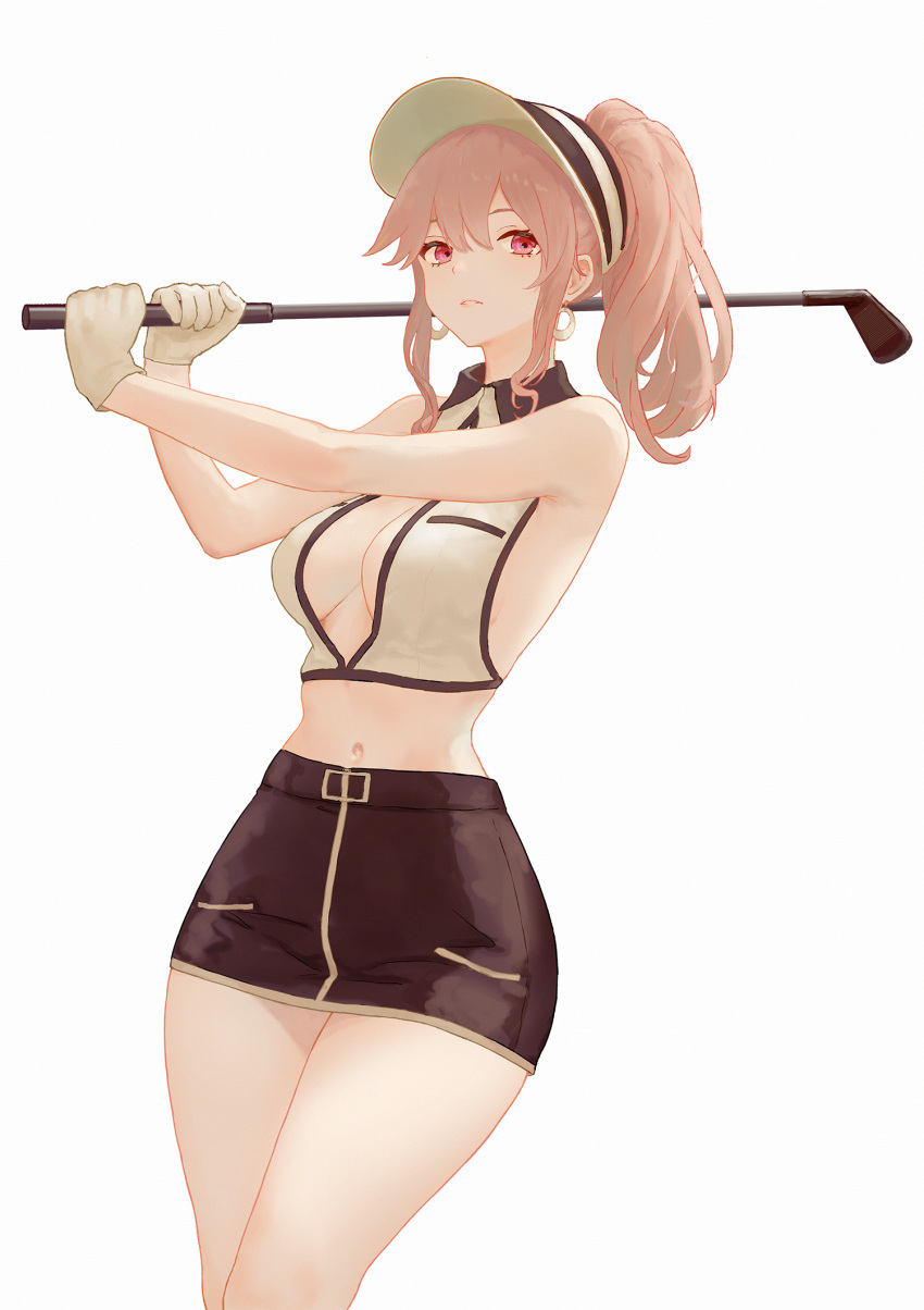 1girl azur_lane bare_shoulders black_shorts breasts brown_hair cleavage_cutout clemenceau_(azur_lane) clemenceau_(splendid_breeze)_(azur_lane) clothing_cutout collared_shirt commentary cowboy_shot crescent crescent_earrings earrings gloves golf_club herfstijl highres holding holding_golf_club jewelry long_hair looking_ahead medium_breasts midriff official_alternate_costume parted_lips ponytail red_eyes shirt shorts sidelocks simple_background sleeveless sleeveless_shirt solo standing white_background white_gloves yellow_shirt