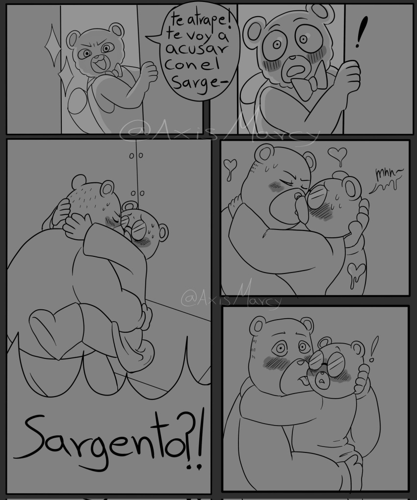 2023 achuchones_(unicorn_wars) anthro axismarcy bear blush bow_tie clothing comic dialogue embrace exclamation_point eyes_closed eyewear glasses group hi_res hug humanoid_hands kissing male mammal padre_(unicorn_wars) sargento_caricias shirt spanish_text surprise text topwear unicorn_wars