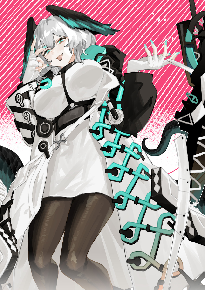 1girl :p absurdres aqua_eyes aqua_nails arknights black_pantyhose breasts coat dress feet_out_of_frame fingerless_gloves fingernails from_below gloves grey_hair head_wings highres ho'olheyak_(arknights) impossible_clothes impossible_dress large_breasts long_fingernails long_sleeves looking_at_viewer looking_down nail_polish open_clothes open_coat pantyhose renxzd short_hair smile solo standing striped striped_background tail tongue tongue_out white_coat white_dress white_gloves wings