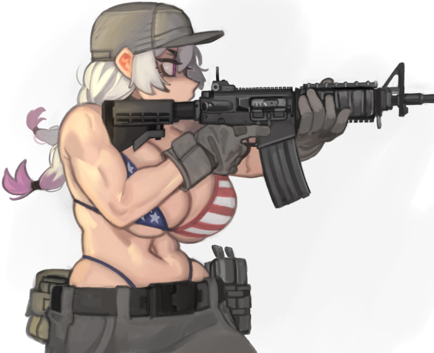 1girl aiming american_flag_bikini ar-15 baseball_cap belt belt_pouch biceps bikini bikini_top_only breasts commentary flag_print from_side gloves grey_gloves grey_headwear grey_pants gun hat highleg highleg_bikini highres holding holding_gun holding_weapon kelvin_hiu large_breasts looking_afar looking_ahead navel original pants pouch profile purple_eyes rifle simple_background solo swimsuit trigger_discipline upper_body violet_(kelvin_hiu) weapon white_background