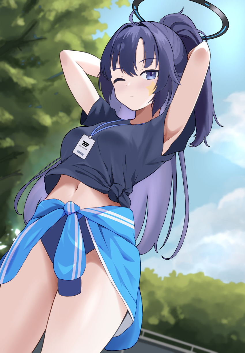 1girl armpit_peek arms_behind_head arms_up black_shirt blue_archive blue_eyes blue_jacket blue_sky buruma closed_mouth clothes_around_waist commentary_request cowboy_shot dutch_angle from_below gym_shirt gym_uniform halo highres id_card jacket jacket_around_waist lanyard long_hair looking_at_viewer mechanical_halo midriff navel official_alternate_costume one_eye_closed outdoors ponytail purple_hair raimu_(clanberry000) raised_eyebrow shirt short_sleeves sky solo star_sticker sticker_on_face tied_shirt track_jacket tree yuuka_(blue_archive) yuuka_(track)_(blue_archive)