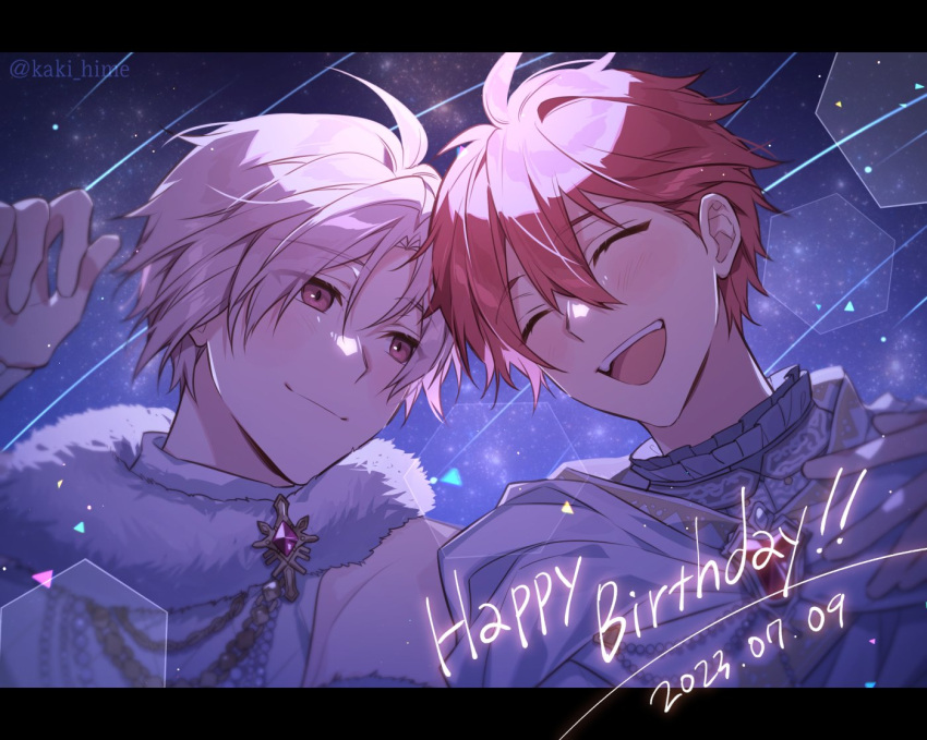 2023 2boys black_border border brothers closed_eyes closed_mouth dated hand_on_own_hip happy_birthday idolish7 kaki_hime kujou_tenn looking_at_another male_focus multiple_boys nanase_riku open_mouth pink_eyes pink_hair red_hair short_hair siblings sky smile star_(sky) starry_background starry_sky teeth twins twitter_username