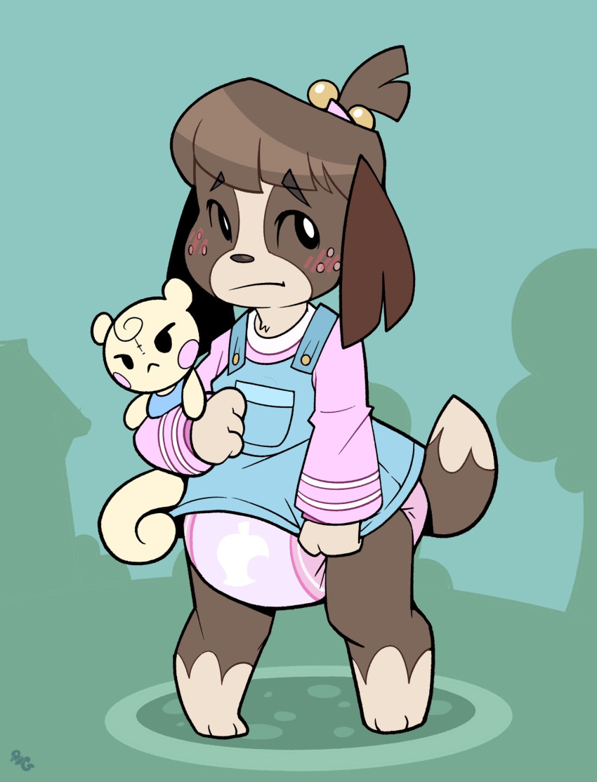 animal_crossing anthro blush canid canine canis clothing cuddlehooves diaper digby_(animal_crossing) domestic_dog freckles girly hi_res looking_at_viewer male mammal marshal_(animal_crossing) nintendo outside overall_dress overalls plushie solo standing