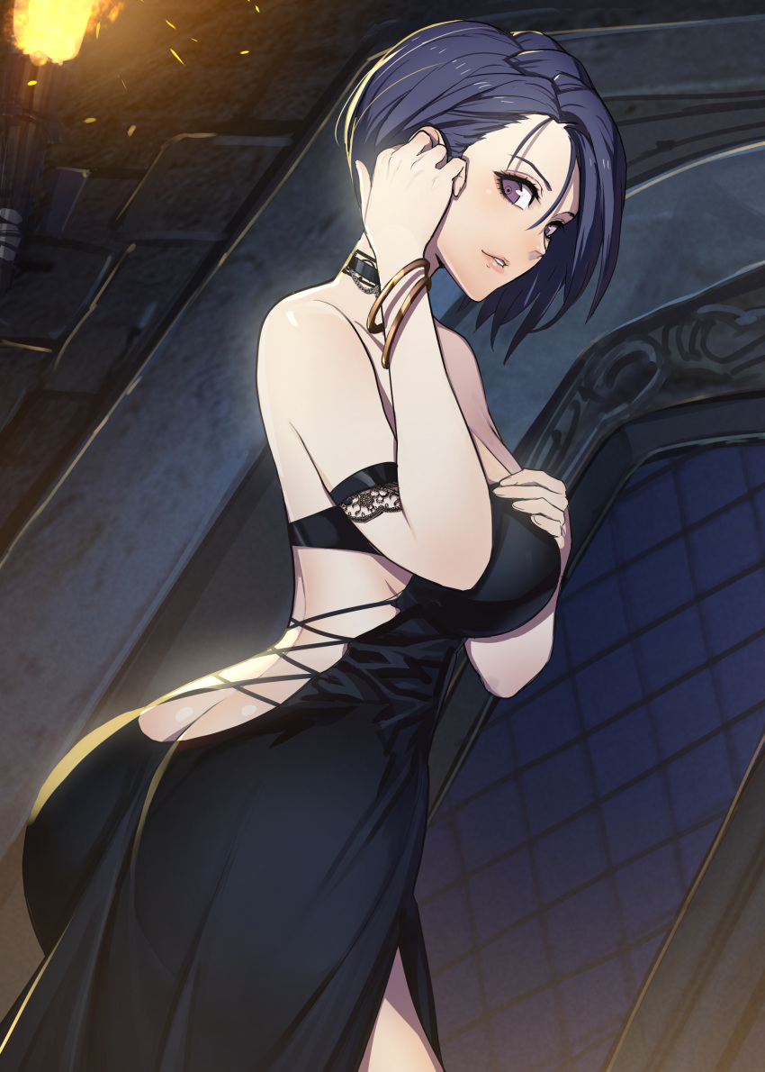 1girl absurdres adjusting_hair alternate_costume ass ass_focus asymmetrical_hair back backless_dress backless_outfit bare_shoulders blue_hair blush breasts butt_crack choker cleavage dress fire_emblem fire_emblem:_three_houses from_behind hand_on_own_chest hide_(hideout) highres huge_ass large_breasts looking_at_viewer looking_back purple_eyes shamir_nevrand short_hair sideboob smile solo