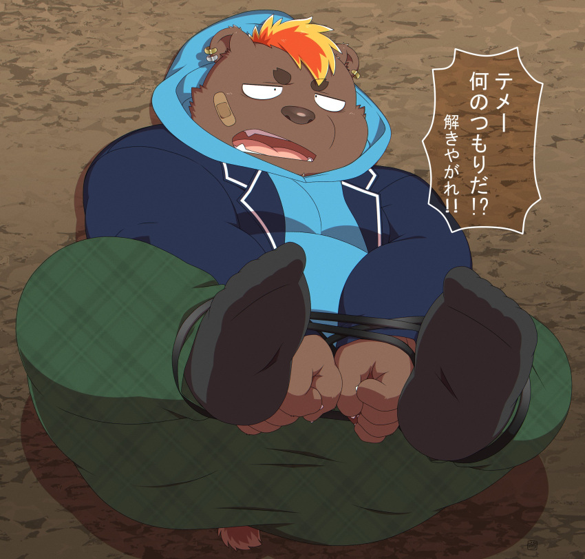 2023 absurd_res anthro band-aid bandage bear bottomwear brown_body brown_nose clothing dialogue ear_piercing ear_ring hi_res hoodie humanoid_hands japanese_text kemono lying male mammal overweight overweight_male pants penta002 piercing ring_piercing solo text topwear