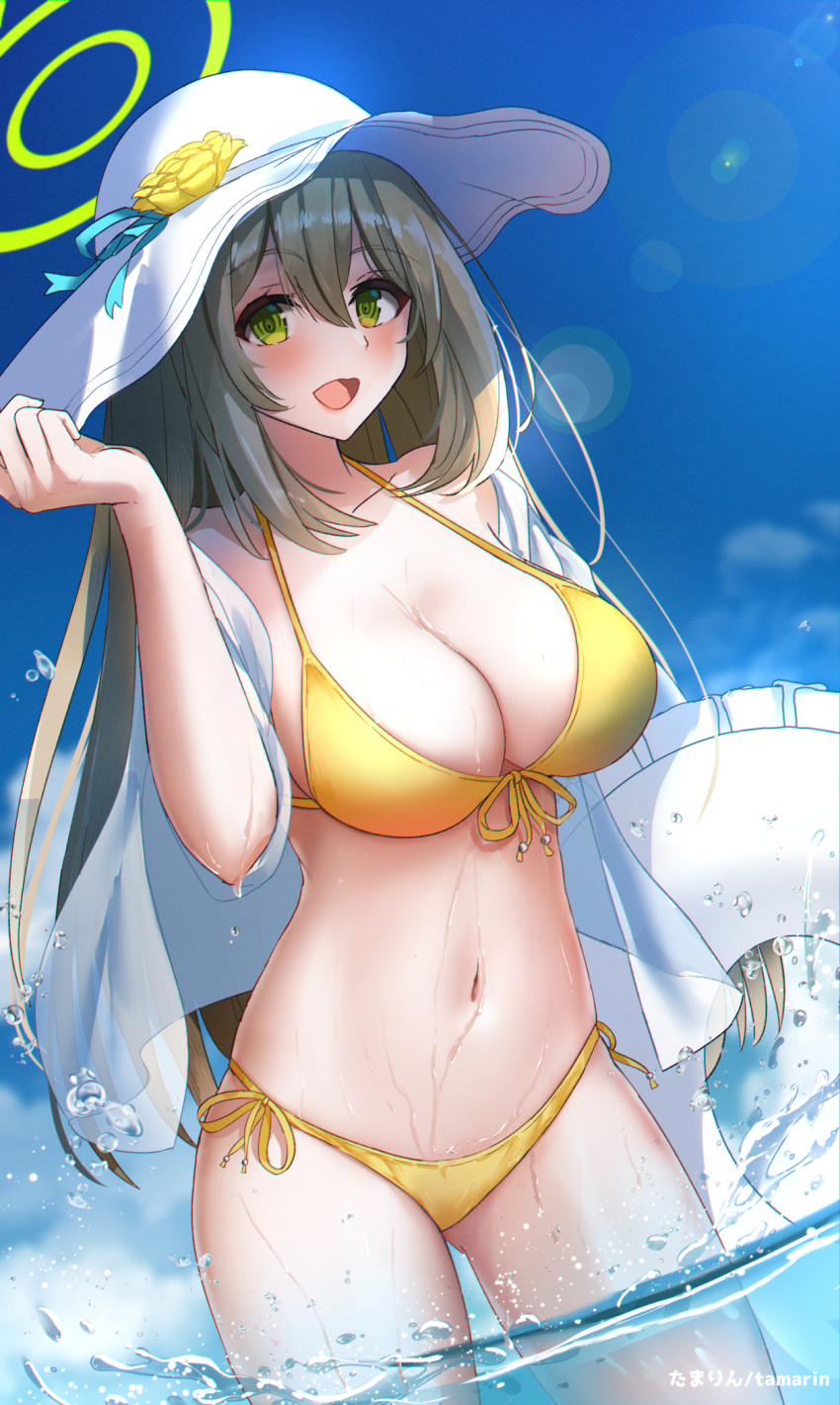 1girl artist_name bikini blue_archive blush breasts cleavage dutch_angle flower green_eyes green_halo halo hat hat_flower highres holding holding_innertube innertube jacket large_breasts light_brown_hair linzere long_hair looking_at_viewer midriff navel nonomi_(blue_archive) nonomi_(swimsuit)_(blue_archive) open_mouth see-through see-through_jacket solo stomach sun_hat swimsuit upper_body water white_headwear yellow_bikini