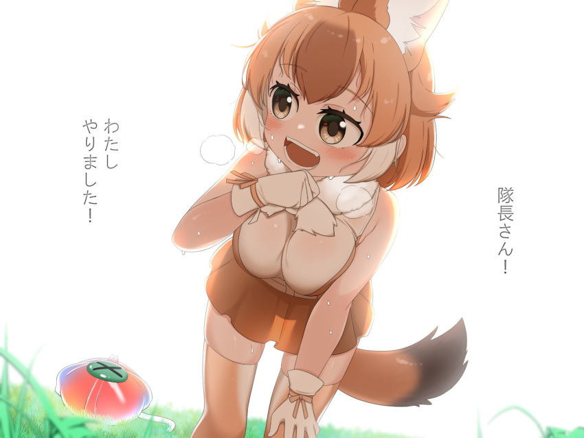 1girl after_battle animal_ears bare_shoulders bent_over blush bow breasts brown_hair cellien_(kemono_friends) chis_(js60216) dhole_(kemono_friends) dog_ears dog_girl dog_tail extra_ears gloves grass heavy_breathing kemono_friends kemono_friends_3 large_breasts multicolored_hair open_mouth shirt short_hair skirt sleeveless smile solo sweat tail translated two-tone_hair white_hair