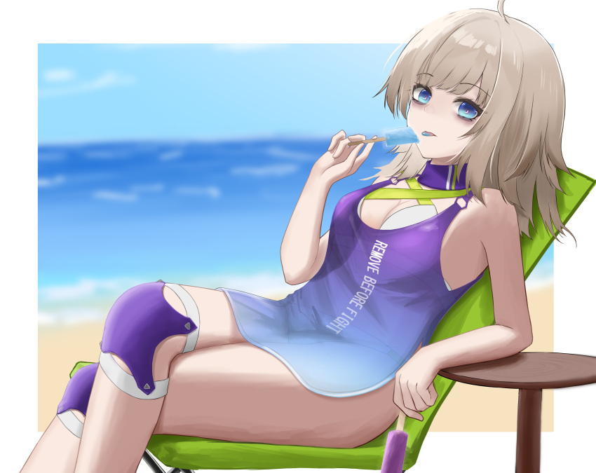 1girl aa-12_(girls'_frontline) aa-12_(the_sun_never_rises)_(girls'_frontline) absurdres ahoge bags_under_eyes beach bikini blue_eyes breasts candy chair cleavage clothes_writing codename696 crossed_legs eating food girls'_frontline grey_hair highres holding holding_food holding_popsicle knee_pads lollipop long_hair looking_at_viewer lounge_chair medium_breasts official_alternate_costume popsicle solo swimsuit table white_bikini