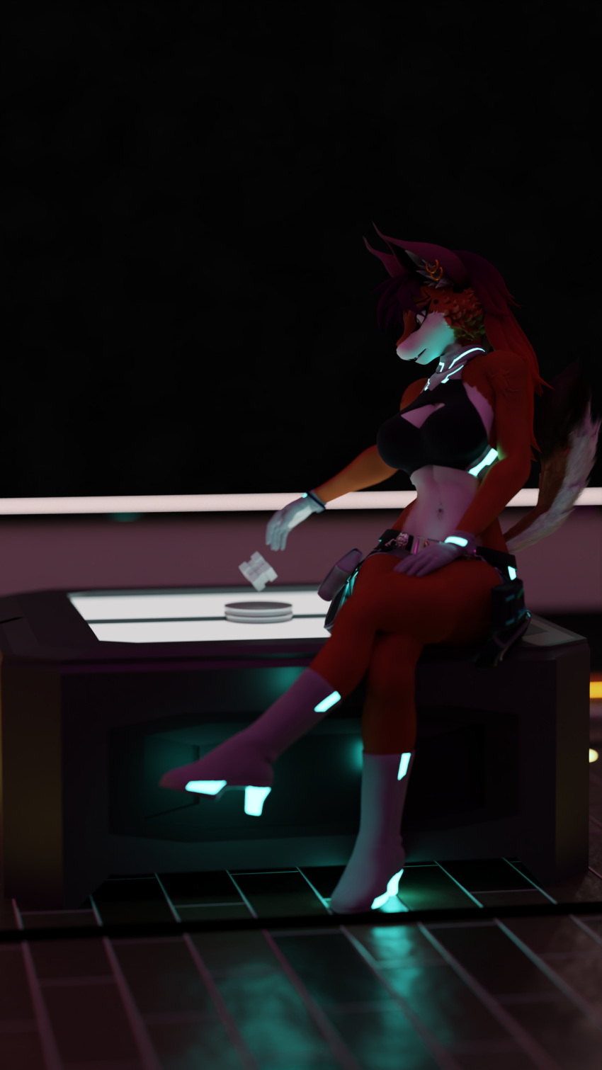 3d_(artwork) 9:16 absurd_res anthro belt belt_pouch big_breasts blender_(software) blender_cycles boots bottomwear bra bracelet breasts canid canine cleavage cleavage_cutout clothed clothing crossed_legs cube_(object) darkness digital_media_(artwork) ear_piercing ear_ring female floating floor fluffy fluffy_tail footwear fox foxxy_vixen foxy_(original) furniture future gloves glowing green_eyes hand_on_leg handwear hi_res hotpants inner_ear_fluff jewelry light_source mammal midriff mood_lighting navel navel_piercing piercing reaching_for_object ring_piercing shorts sitting solo space spacecraft table tail tall tall_girl tile tile_floor tuft underwear vehicle window