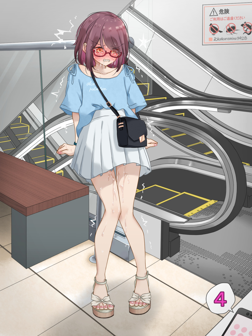 1girl arms_at_sides artist_name bag bench blue_shirt blush bracelet cellphone clenched_hands clenched_teeth clothes_writing collarbone commentary_request crying drooling embarrassed escalator flat_chest full_body glasses half-closed_eyes handbag highres indoors jewelry kakuremino7928 knees_together_feet_apart legs miniskirt nail_polish nose_blush orange_eyes original phone pink_nails pleated_skirt public_indecency purple_hair pussy_juice red-framed_eyewear remote_control_vibrator saliva sandals semi-rimless_eyewear sex_toy shirt shirt_tucked_in short_hair short_sleeves shoulder_bag sidelocks sign signature skirt smartphone solo speech_bubble stairs standing star_(symbol) sweat tears teeth thigh_gap thighs tile_floor tiles toenail_polish toenails translation_request trembling twitter_username v-shaped_eyebrows vibrator vibrator_under_clothes white_footwear white_skirt